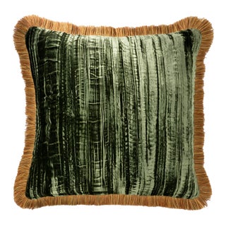 Chouchou Touch Green Silk Velvet Throw Pillow Cover with Orange Fringe For Sale