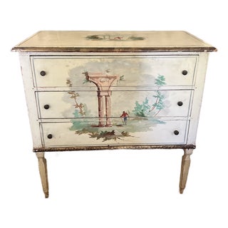 Charming Petite Antique Italian Neoclassical Style Commode With Hand Painted Architectural Scene For Sale