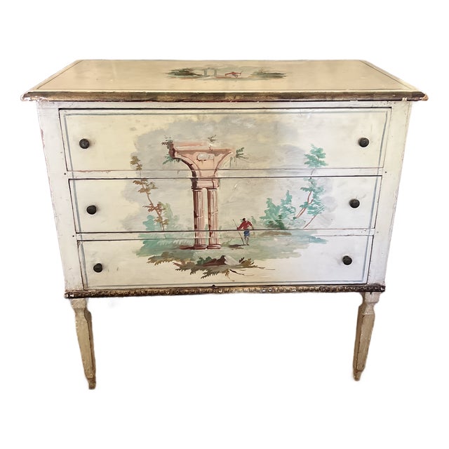 Charming Petite Antique Italian Neoclassical Style Commode With Hand Painted Architectural Scene For Sale