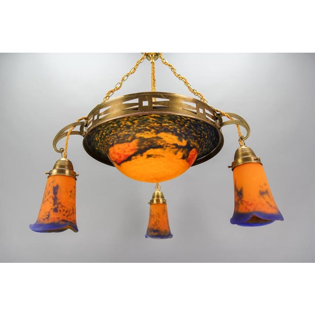 Art Nouveau French Brass Chandelier with Pâte De Verre Glass by Noverdy, 1920s For Sale - Image 9 of 18