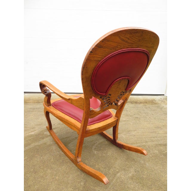 Antique Carved Oak Green Man Rocking Chair in Red Tufted Leather ~ Northwind Face For Sale - Image 15 of 17
