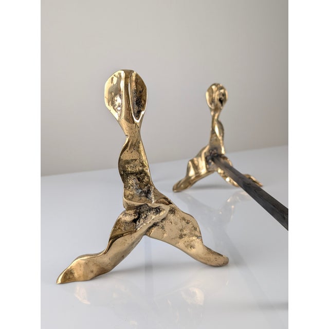 Metal Brutalist Sculptural Bronze Andirons, 1970s, Set of 2 For Sale - Image 7 of 15