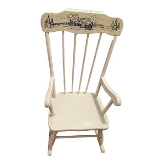 1970s Vintage White Wooden Children’s Rocking Chair With Black Etching and Music For Sale