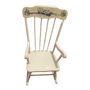 1970s Vintage White Wooden Children’s Rocking Chair With Black Etching and Music
