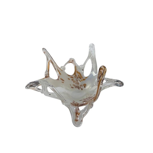 Mid-Century Modern Vintage Murano Italian Art Glass Freeform Centerpiece Bowl Amber Gold Flecks 13” Hand Blown For Sale - Image 3 of 12