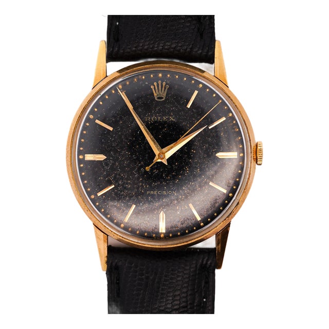 1950s Rolex Speckled Gold Dial 33mm 18k Gold Precision Leather Watch For Sale