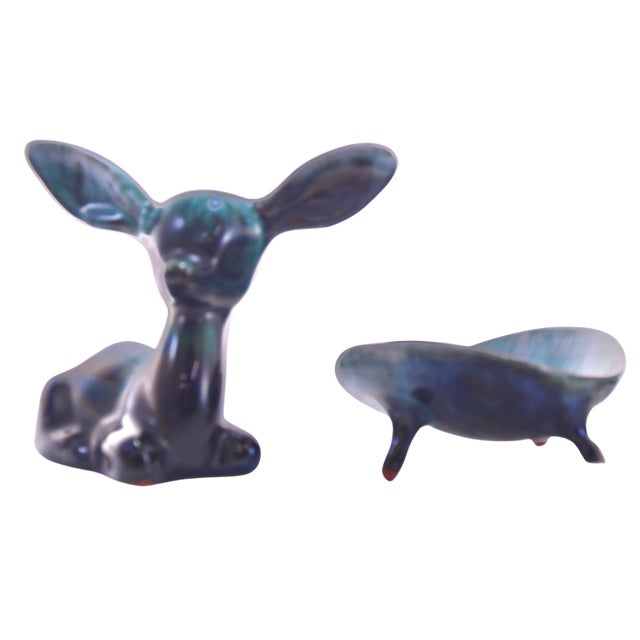 Aqua water glaze over terracotta handmade pottery set includes an organic leaf shape tri-foot tray dish cachepot, and a...