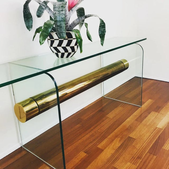 Mid-Century Modern Vintage 1970s Pace Glass Console Table With Suspended Brass Beam Mid Century Modern For Sale - Image 3 of 11