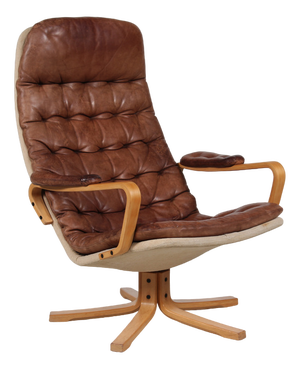 Swedish Mona Roto Swivel Chair in Beech and Cognac Colored Leather from Sam Larsson, 1970s