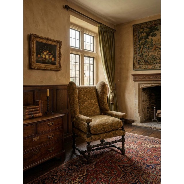 Queen Anne Early 20th Century Wingback Armchair Featuring a Floral Tapestry Fabric and Turned-Spindle Wooden Legs For Sale - Image 3 of 3
