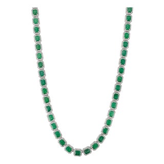 Vintage Byzantine Style 24.47 Ct Emerald Tennis Necklace in 14k White Gold For Sale