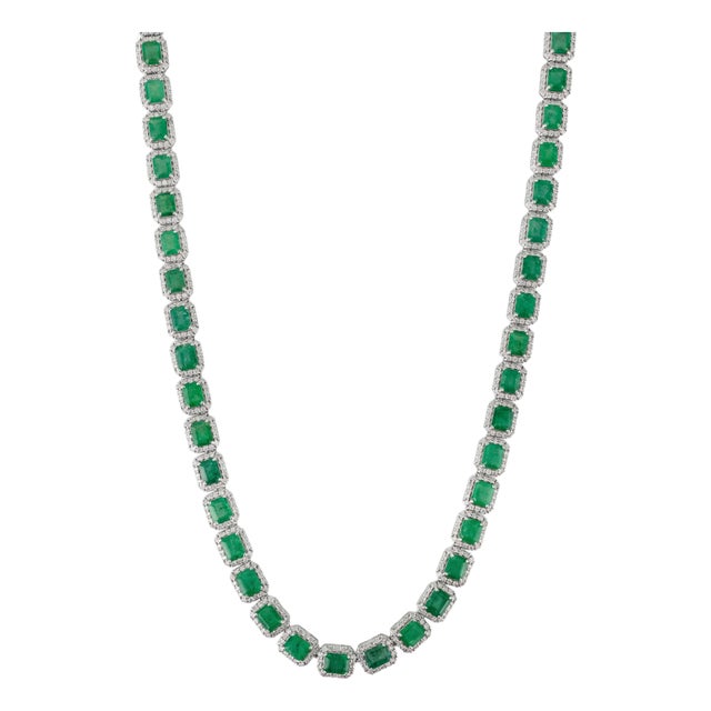 Vintage Byzantine Style 24.47 Ct Emerald Tennis Necklace in 14k White Gold For Sale
