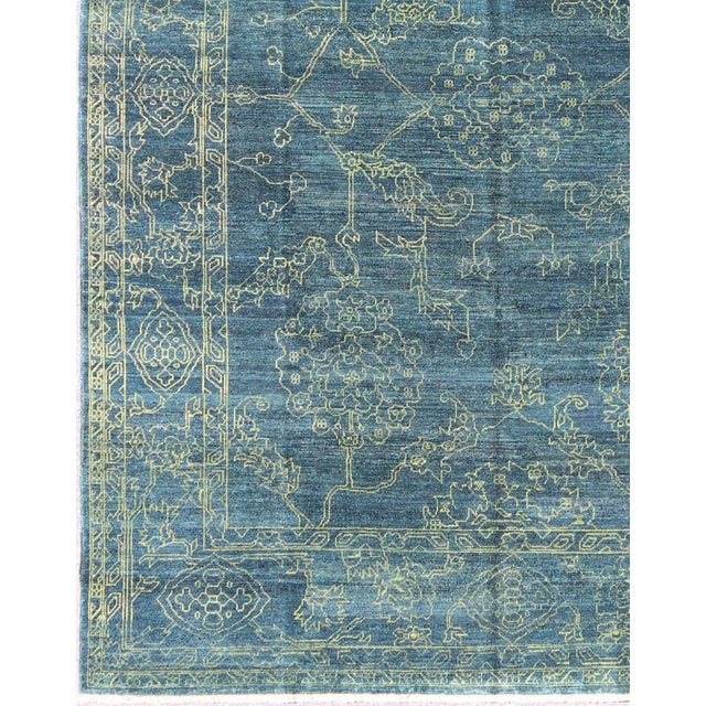 Turkish Fine Modern Rug With Transitional Design in Teal Blue and Lime Green For Sale - Image 3 of 12