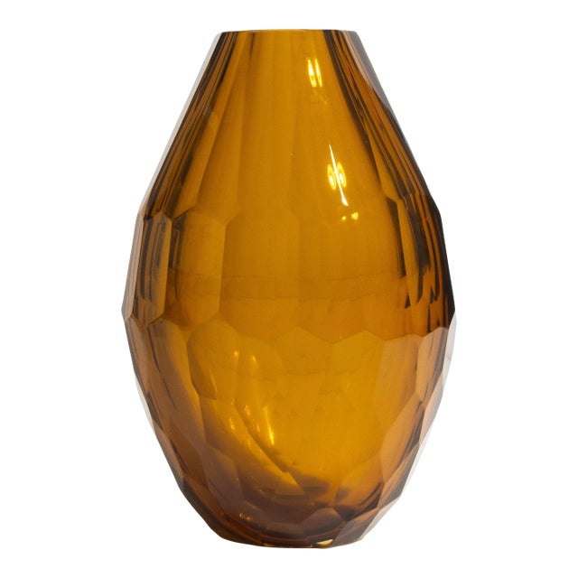 Hand Blown Murano Facet Vase in Amber Large For Sale