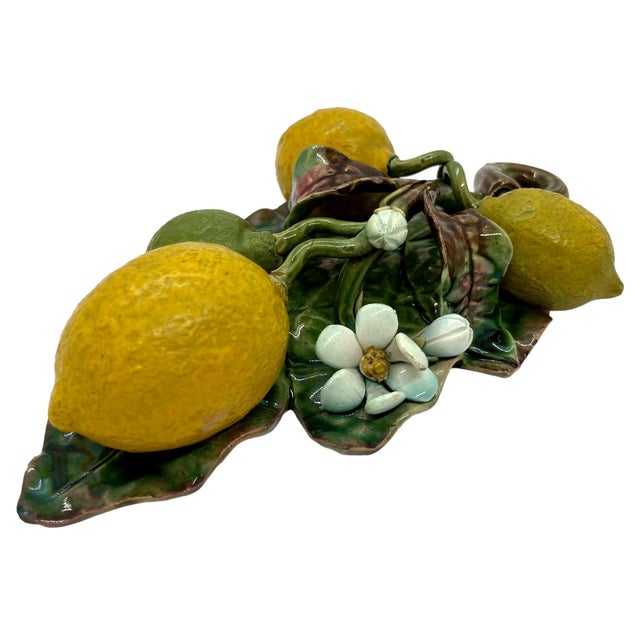 Menton French Majolica (Barbotine) Trompe L'oeil wall plaque, with lemons molded in high relief, circa 1880, 8-inches...