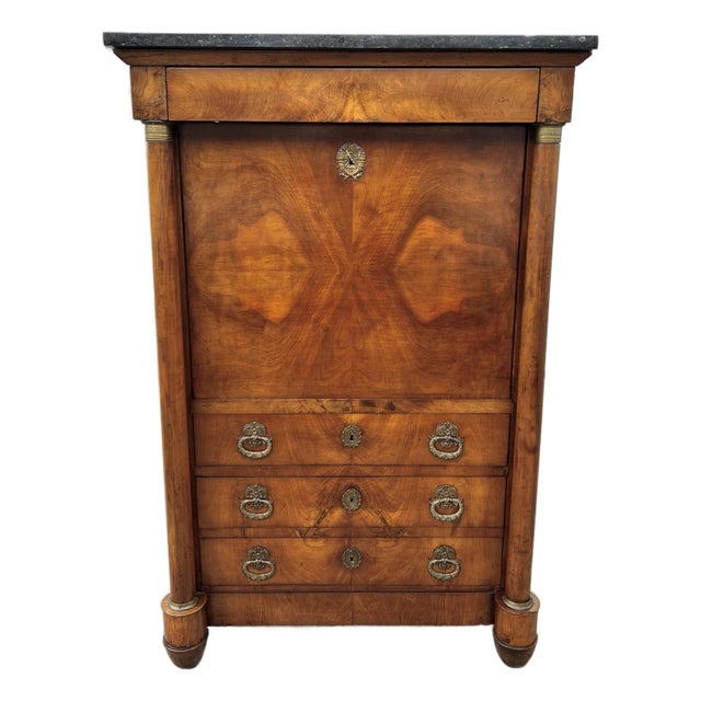 French 19th Century Empire Burl Walnut Marble Top Secretaire For Sale