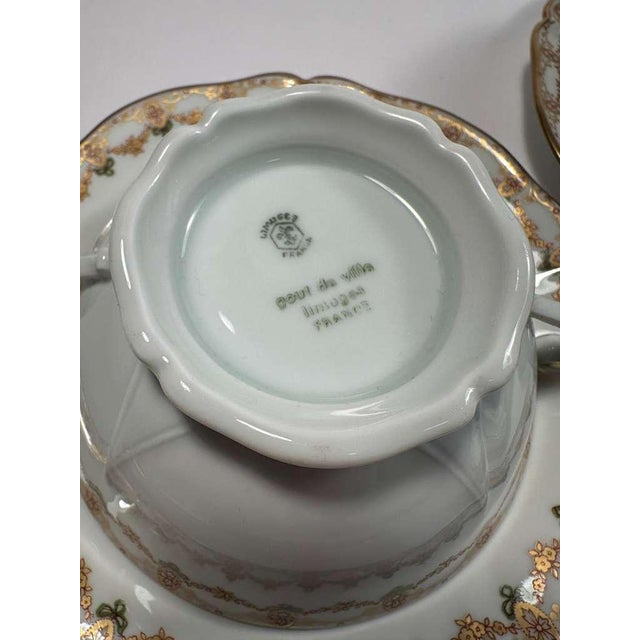 1950s Vintage Limoges France Porcelain Coffee and Croissant Set, Hand Painted Gold Trim Tea Cups and Crescent Plates - Set of 6 For Sale - Image 5 of 10