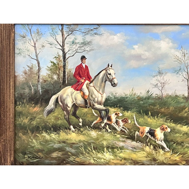 1970s Vintage Fox Hunt Oil Painting Signed Luici in Ornate Carved Frame For Sale - Image 5 of 8