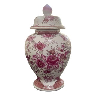 Vintage Pink & White Floral Ceramic Ginger Jar For Sale