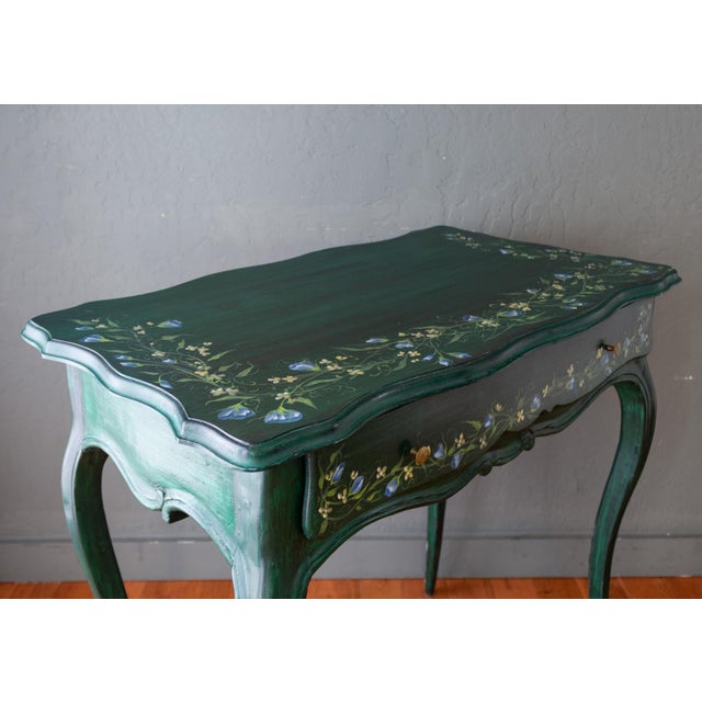 Antique Louis XV Style Hand Painted Green Desk With Morning Glory Floral Motif For Sale - Image 11 of 18