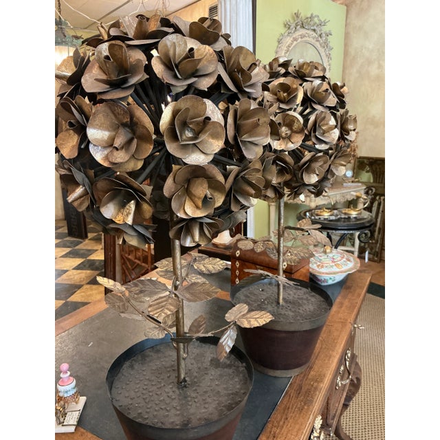 1950s Pair of Italian 26” Vintage Tole Rose Topiaries For Sale - Image 5 of 8