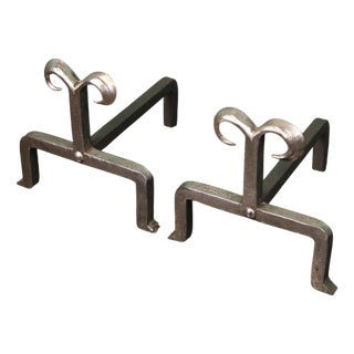 Wrought Split-Scrolled Fireplace Fire Dogs, 1900, Set of 2 For Sale