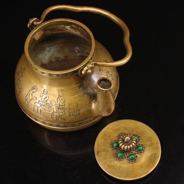 Brass Brass Teapot With Calligraphy and Gem Accents For Sale - Image 8 of 9