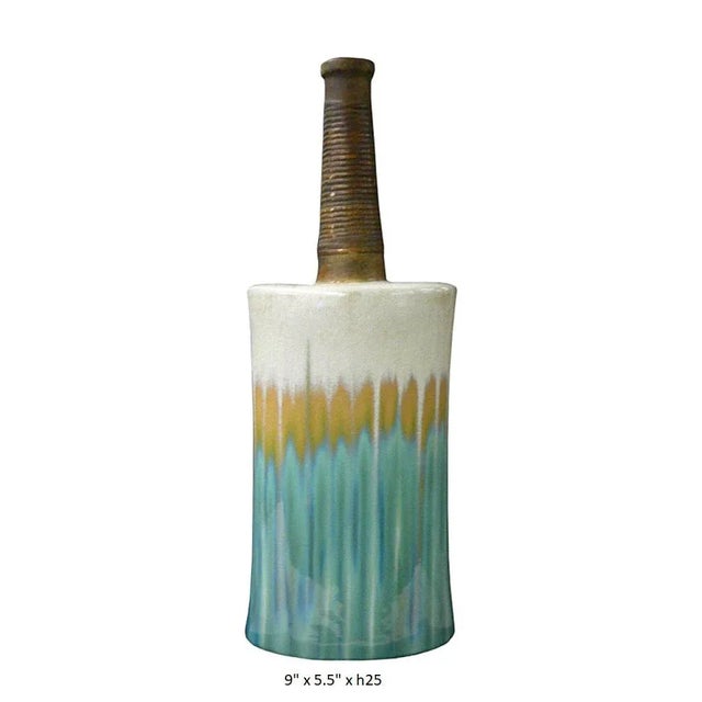 Modern Oval Shape Flat Tall Neck Ceramic Turquoise Bamboo Decor Vase For Sale - Image 4 of 5