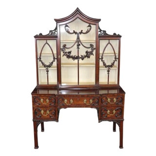 Fine Quality English Georgian Mahogany Carved Gothic Style China Cabinet Vitrine For Sale