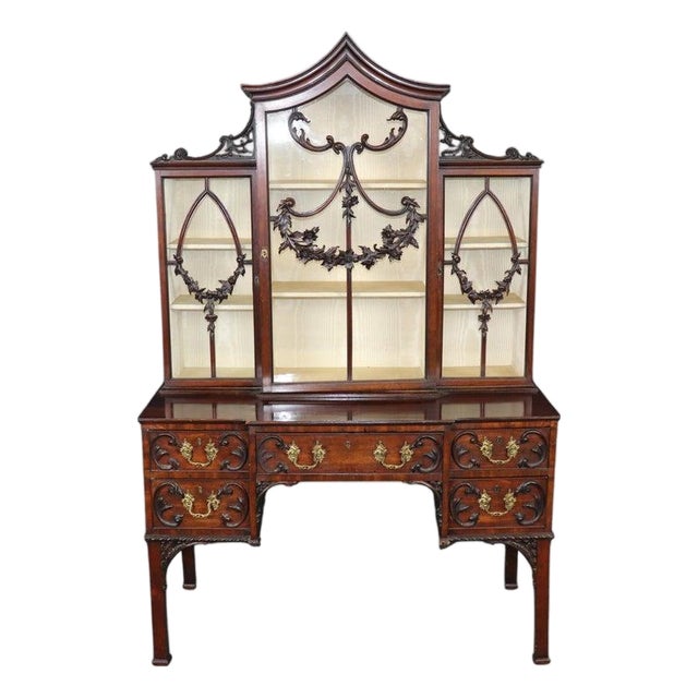 Fine Quality English Georgian Mahogany Carved Gothic Style China Cabinet Vitrine For Sale