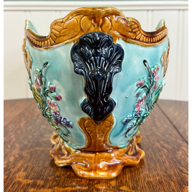 Antique French Onnaing Majolica Cache Pot Planter Bowl Jardiniere Love Birds For Sale - Image 16 of 18
