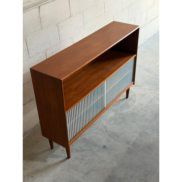 Brown Vintage Danish Modern Teak Cabinet Glass Door Bookcase Media Console For Sale - Image 8 of 9