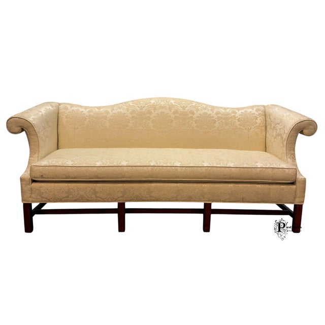 Vintage Chippendale Style Mahogany Frame Camel Back Ivory Damask Print Upholstered Sofa For Sale - Image 10 of 10