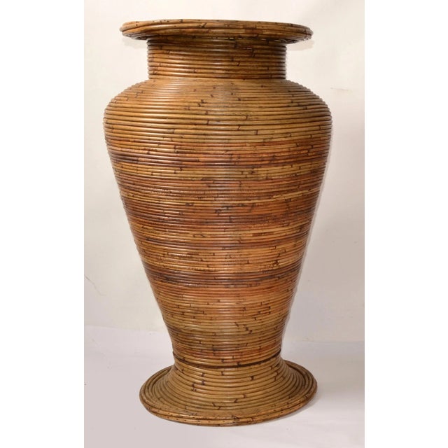 Mid-Century Modern Large 1970s Bohemian Brown Reed Cane Bamboo Handcrafted Tall Cone Shape Floor Vase For Sale - Image 3 of 12
