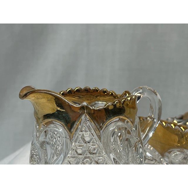 Victorian Antique Eapg "Heart With Thumbprint" Gilt Glass Creamer & Bowl Set For Sale - Image 3 of 9