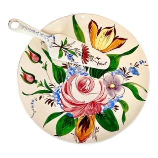 1960s Vintage Italian Nove Rose Majolica Dessert Cake Plate and Server - Set of 2 For Sale