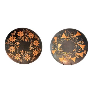 Pair of Vintage Handmade Chilean Copper Floral Wall Plates, 15” For Sale