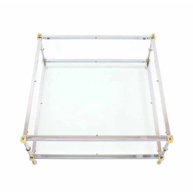 Mid-Century Modern Vintage Mid Century Square 2 Tier Chrome Brass Glass Top Coffee Table For Sale - Image 3 of 5