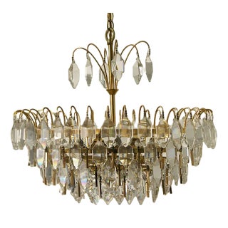 Large Mid-Century Brass and Crystal Glass Ceiling Lamp from Palwa For Sale