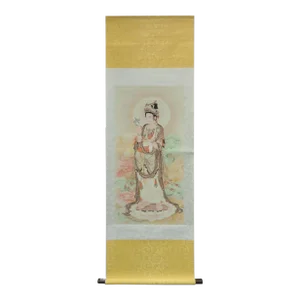 Chinese Hand Painted Kwan Yin With Willow Leaves & Vase Scroll Painting