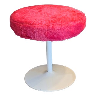 Vintage Stool with White Metal Frame and Pink Seat Cover, 1970s For Sale