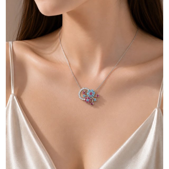 Contemporary Late 20th Century 18K White Gold Tourmaline Topaz Diamond Floral Necklace For Sale - Image 3 of 3