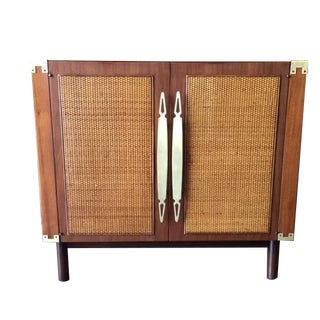 Mid Century Walnut Wicker Brass Bar Cabinet For Sale