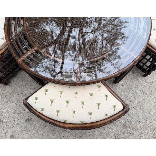 Boho Chic Vintage Rattan Round Glass Top Coffee Game Table With 4 Cushioned Stools For Sale - Image 3 of 12