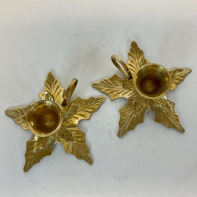 1970s Vintage Traditional Americana Brass Poinsettia Candle Holders - A Pair. For Sale - Image 11 of 12