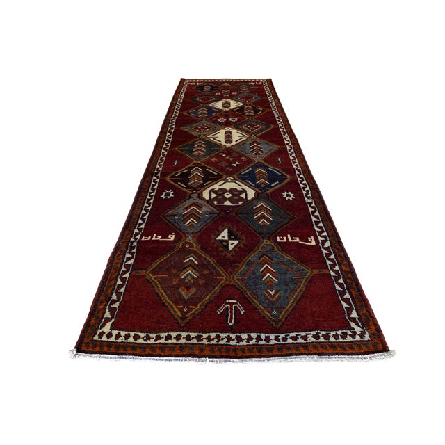 Vintage Hand-Knotted Hamadan Long Runner Rug With Inscriptions & Tribal Geometric Diamonds For Sale - Image 4 of 9