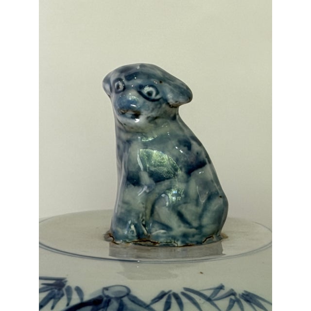 Pair Monumental Blue & White Chinese Porcelain Covered Dragon Temple Jars With Foo Dog Finials, 23” H For Sale - Image 9 of 12