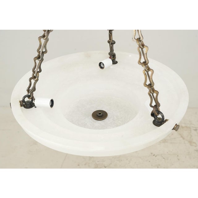 Metal Mid 20th Century Restored French Art Deco White Alabaster Dish Pendant Light For Sale - Image 7 of 8