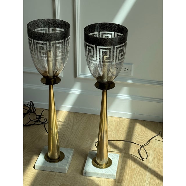 1970s Vintage Stiffel Attributed Brass Column Lamps With Greek Key Glass Shades, in the Style of Tommi Parzinger - a Pair For Sale - Image 5 of 7
