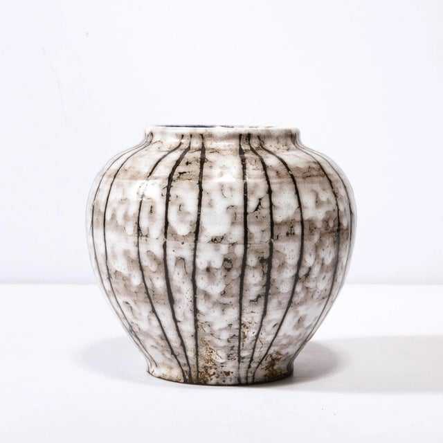 Mid-Century Modernist White and Earth Toned Ceramic Vase With Bowed Line Work For Sale In New York - Image 6 of 13